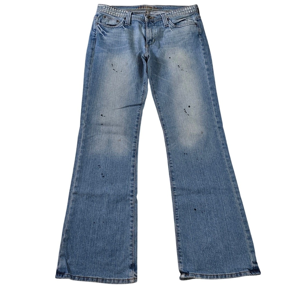 Wet Seal Hippie Size 11 Flared Jeans Light Wash Studded Waistband Distressing